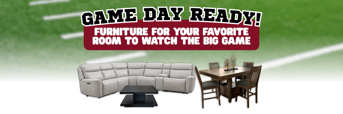 Sectional sofa and dining table set from Cleo's Furniture with "Game Day Ready" banner