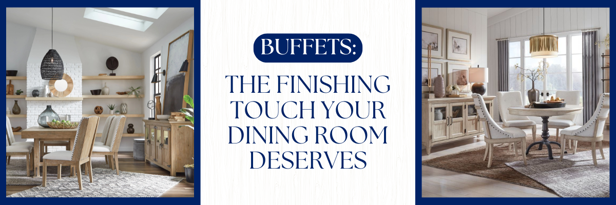 Two dining rooms featuring wood buffets with dining tables and upholstered chairs