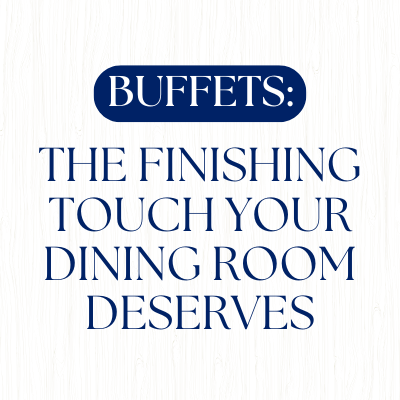 Two dining rooms featuring wood buffets with dining tables and upholstered chairs