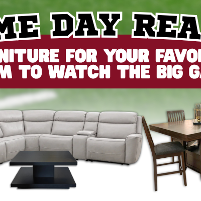 Sectional sofa and dining table set from Cleo's Furniture with "Game Day Ready" banner