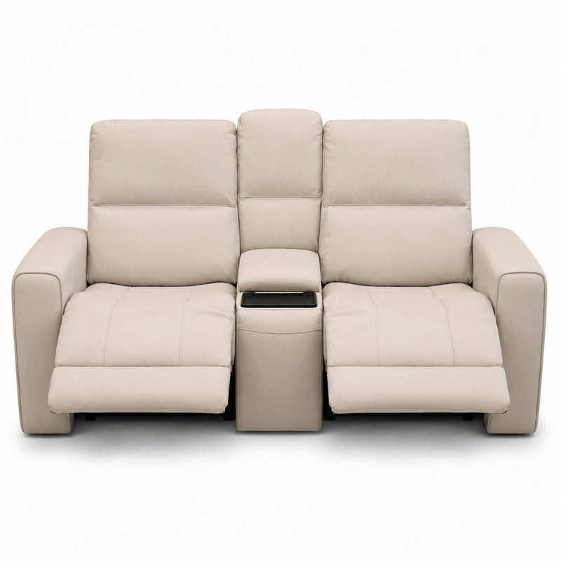 Austin White Leather Reclining Console Love Seat W/ Wireless Charger And Hidden Cupholders