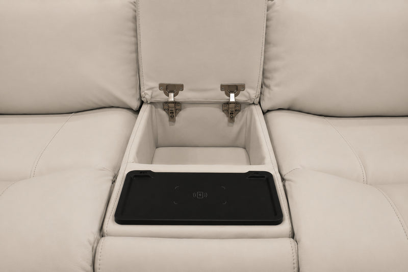 Austin White Leather Reclining Console Love Seat W/ Wireless Charger And Hidden Cupholders