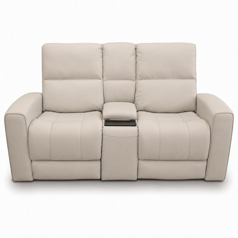 Austin White Leather Reclining Console Love Seat W/ Wireless Charger And Hidden Cupholders
