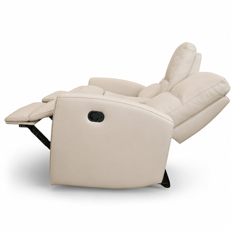 Austin White Leather Reclining Console Love Seat W/ Wireless Charger And Hidden Cupholders