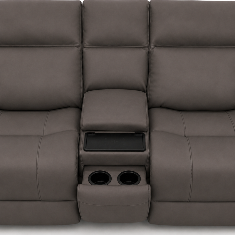 Austin Grey Leather Reclining Console Love Seat W/ Wireless Charger And Hidden Cupholders