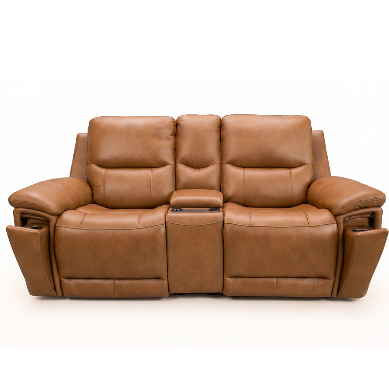 Genova Earth Top Grain Leather Dual Power Console Loveseat