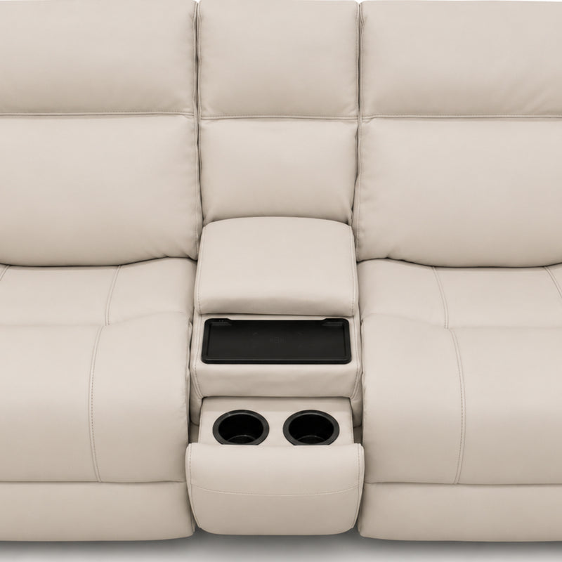 Austin White Leather Reclining Console Love Seat W/ Wireless Charger And Hidden Cupholders