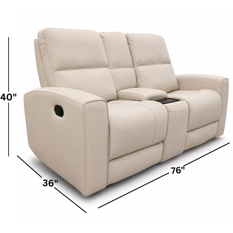 Austin White Leather Reclining Console Love Seat W/ Wireless Charger And Hidden Cupholders