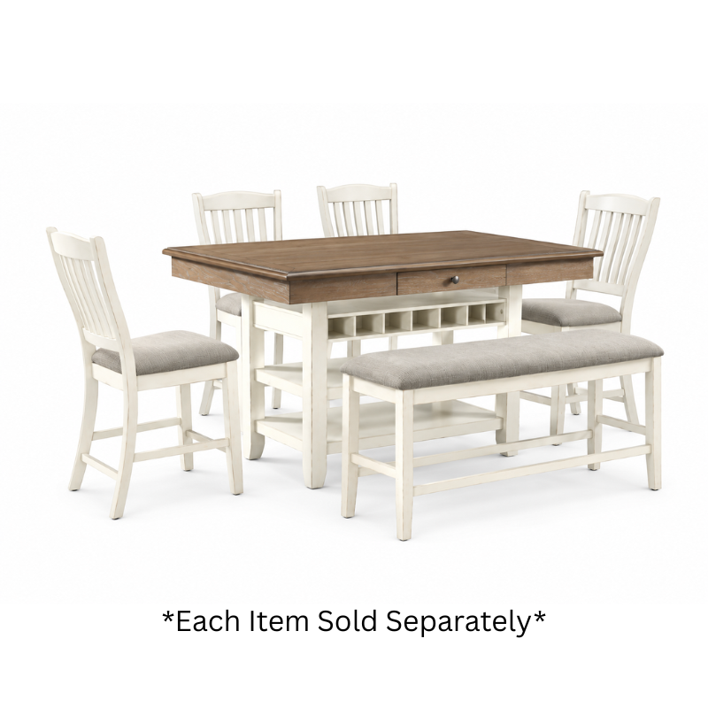 Bellevue Counter Bench W/ Beige Fabric In Antique White