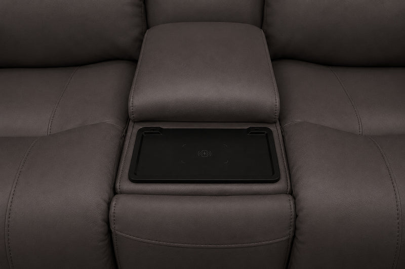 Austin Grey Leather Reclining Console Love Seat W/ Wireless Charger And Hidden Cupholders