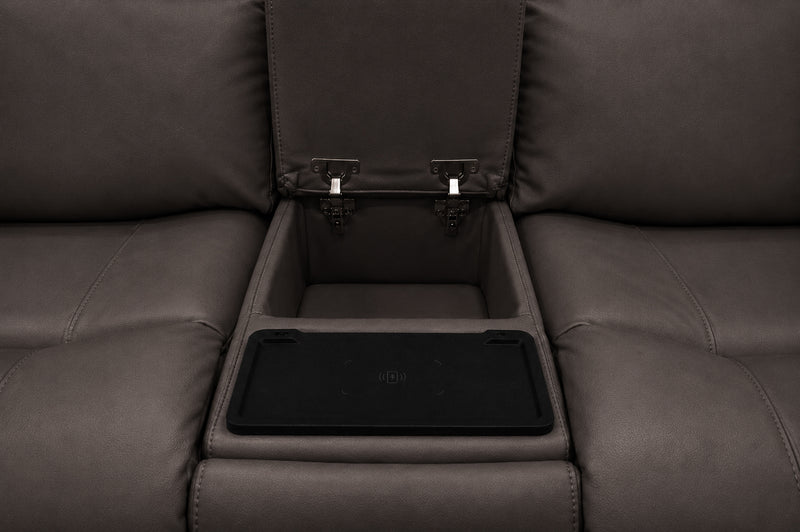 Austin Grey Leather Reclining Console Love Seat W/ Wireless Charger And Hidden Cupholders