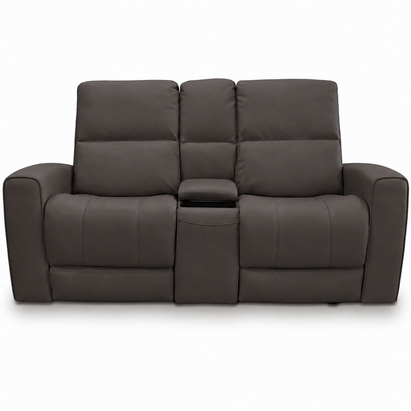 Austin Grey Leather Reclining Console Love Seat W/ Wireless Charger And Hidden Cupholders