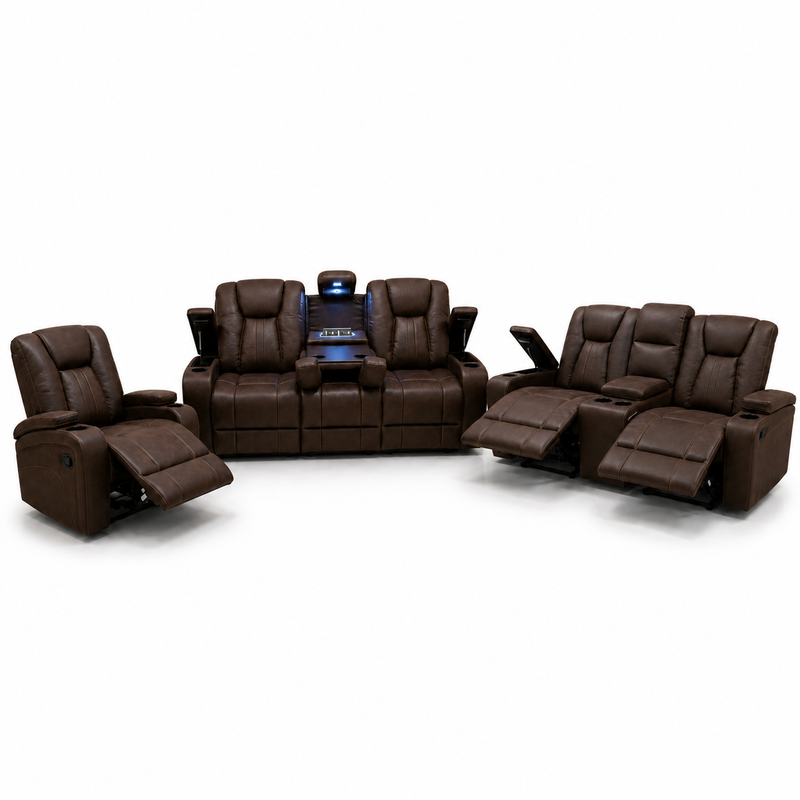 Buy the Cowboy Brown Reclining Sofa, get the Cowboy Brown Recliner FREE, and Get the Cowboy Brown Loveseat HALF OFF