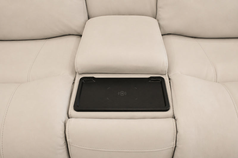 Austin White Leather Reclining Console Love Seat W/ Wireless Charger And Hidden Cupholders