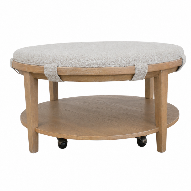 Lindon Round Cocktail Table w/ Grey Upholstery and Casters