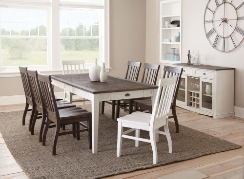 Dark wood dining 2024 table with white chairs