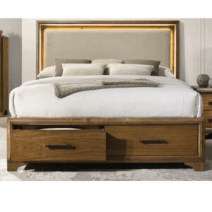 Harmony Walnut Queen Upholstered Storage Bed W/ Beige Fabric
